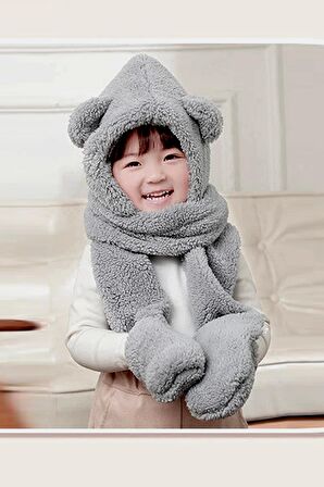 Babykid Gri Çocuk Kapşonlu Peluş Bere Atkı Eldiven Welsoft  Boyunluk Rüzgar Geçirmez Kulaklı Şapka