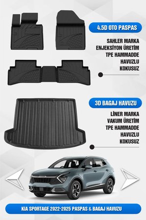 Kia Sportage 2022-2026 Uyumlu Sahler 4.5D Premium Paspas Ve Liner 3D Bagaj Havuzu (Cool-Elegance-Live Paket)