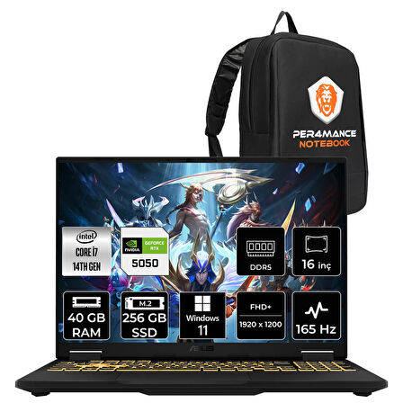 Asus TUF F16 i7 14650HX 40GB 256GB SSD RTX5050/8GB 115W 165Hz 16'' WUXGA W11P Gaming Laptop FX608JHR