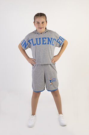 Kız Çocuk Kapşonlu Şortlu Alt-Üst Takım-10-13 Yaş