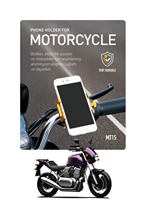 Powerway MT15 Bisiklet Scooter ve Motosiklet İçin Dayanıklı Gidon Uyumlu Telefon Tutucu Alüminyum 