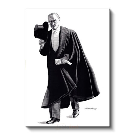 Pelerinli Atatürk - Şapkalı Siyah Beyaz Çizim Kanvas Tablo