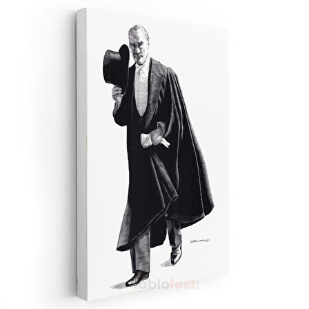 Pelerinli Atatürk - Şapkalı Siyah Beyaz Çizim Kanvas Tablo