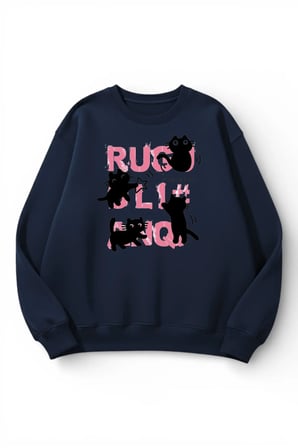 Unisex Yumuşak Dokulu Kedi Kaos Baskılı Tasarım Oversize 3 İplik Bisiklet Yaka Sweatshirt