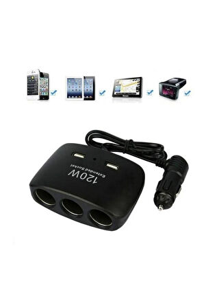 Enerji Soketi Çakmaklık Çoğaltıcı 3 Girişli Çift Usb'li 12v-24v 120w