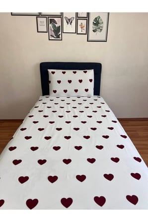 Amour Tek Kişilik Lastikli Çarşaf Takımı Kapaklı Yastık Kılıfı Bordo Kalpli
