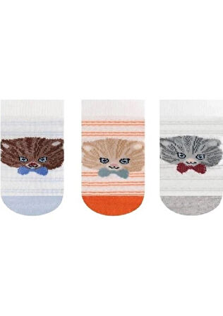 3 Lü Kedi Desenli Erkek Bebek Patik Çorap