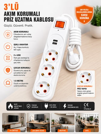 3'lü Akım Korumalı Priz Uzatma Kablosu 1,5 Metre – 2 USB Girişli, Işıklı Anahtarlı, Çocuk Korumalı