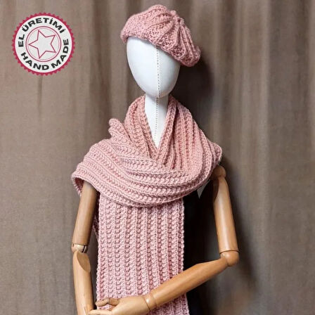 Uretti - Emine 9106 - 8508 El Örgüsü Bere Ve Kaşkol Takımı - Pembe