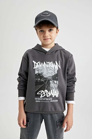 DeFacto Erkek Çocuk Kapüşonlu Baskılı Kalın Sweatshirt B5862A823CWAR82