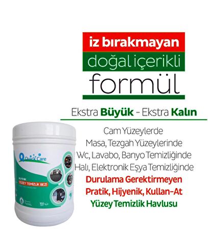 QUICKCARE Dezenfektanlı Yüzey Temizlik Havlusu 150 Yaprak, Kova Mendil Aloe Vera Kokulu