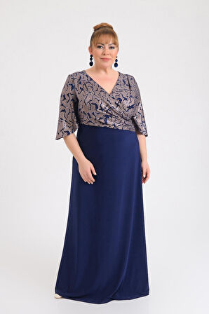 Lilas XXL Kadın Büyük Beden Kruvaze Yaka Kısa Kollu Uzun Abiye Elbise 9670 Lacivert