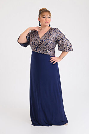 Lilas XXL Kadın Büyük Beden Kruvaze Yaka Kısa Kollu Uzun Abiye Elbise 9670 Lacivert