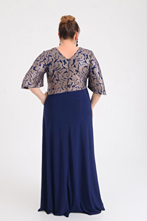 Lilas XXL Kadın Büyük Beden Kruvaze Yaka Kısa Kollu Uzun Abiye Elbise 9670 Lacivert