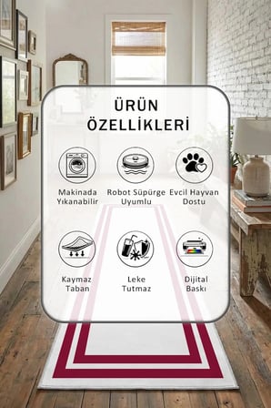 Çerçeve Beyaz Mürdüm Dijital Baskılı Kaymaz Yıkanabilir Yolluk - Leke Tutmaz Beyaz Mürdüm