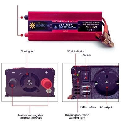 Epilons 12v 2000w Modifiye Sınus İnvertör 220v Dij Göstergeli Taşınabilir Güç Kaynağı