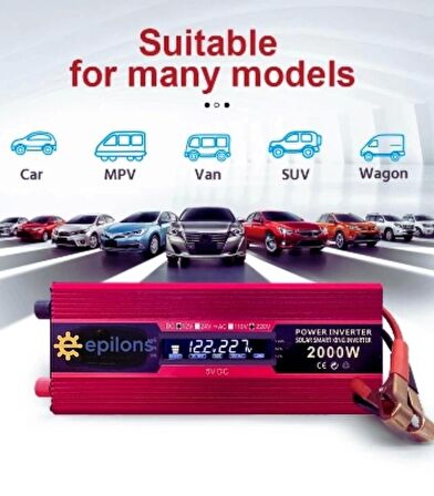 Epilons 12v 2000w Modifiye Sınus İnvertör 220v Dij Göstergeli Taşınabilir Güç Kaynağı