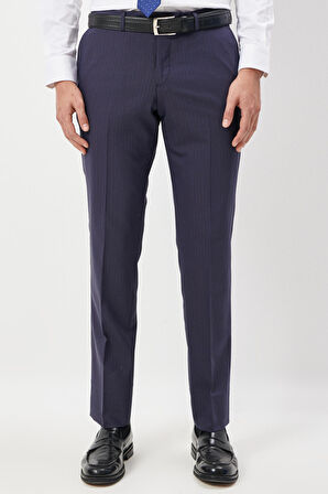 Erkek Lacivert Slim Fit Dar Kesim Kırlangıç Yaka Çizgili Yünlü Takım Elbise