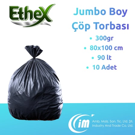 Endüstriyel Jumbo Boy Çöp Torbası/poşeti (10 ADET 300GR 80 X 110CM 90LT SİYAH 10 RULO)