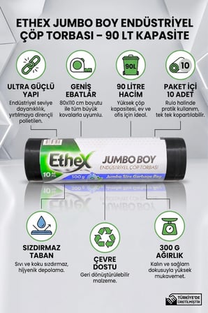 Endüstriyel Jumbo Boy Çöp Torbası/poşeti (10 ADET 300GR 80 X 110CM 90LT SİYAH 10 RULO)