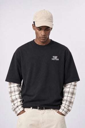 Erkek Now Or Never Nakışlı Double Sleeve Oversize Sweatshirt Siyah