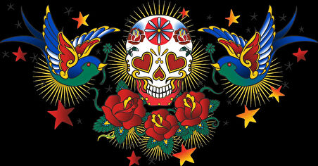 Kuşlar ve Kurukafa Sticker 10x10 cmRenkli Sticker