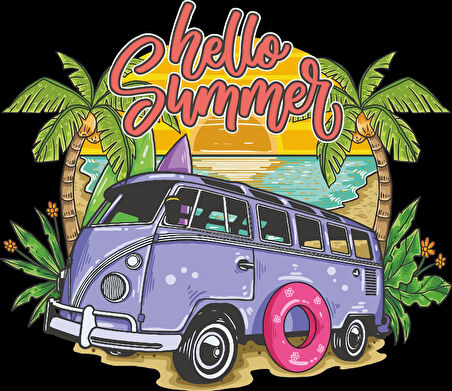 Hello Summer Karavan Sticker 10x10 cmRenkli Sticker