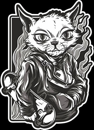 Kaykaylı Kedi Sticker 10x10 cmRenkli Sticker