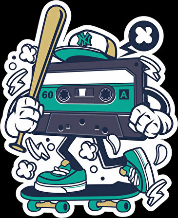 Kaykaycı Kasetçalar Sticker 10x10 cmRenkli Sticker