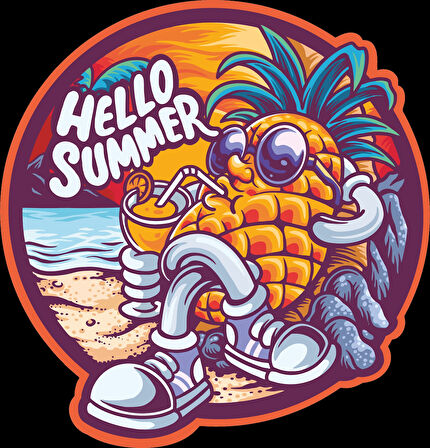 hello summer ananas sticker 10x10 cmRenkli Sticker
