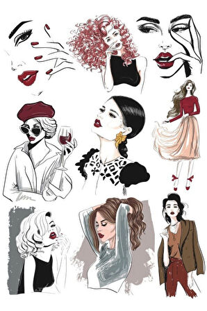 Fashion Kadın İllustrator Sticker Set-1 9 Parça Telefon, Tablet, Defter, Laptop Sticker
