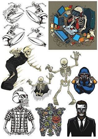 İskelet Kuru Kafa Sticker Set-2 15 Parça Telefon, Tablet, Defter, Laptop Sticker