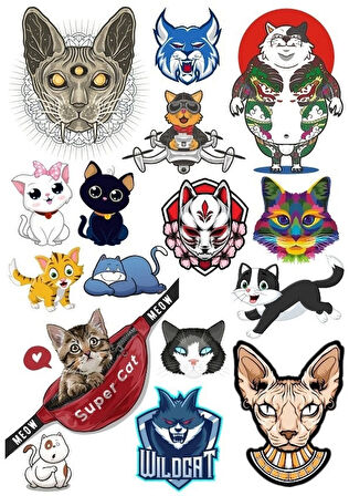 Kediler Sticker Set-6 13 Parça Telefon, Tablet, Defter, Laptop Sticker