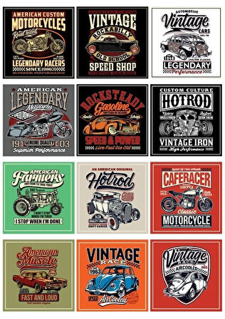 Vintage Moto Poster Sticker 12 Parça Telefon, Tablet, Defter, Laptop Sticker