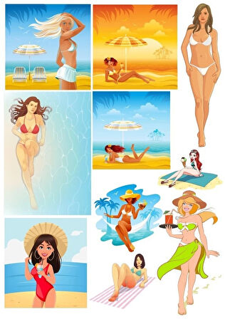 Plaj Kızı Sticker Set 10 Parça Telefon, Tablet, Defter, Laptop Sticker