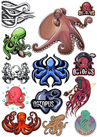 Ahtapot Sticker Set-11 13 Parça Telefon, Tablet, Defter, Laptop Sticker