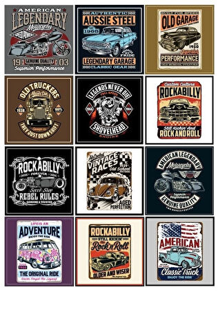 Retro Car Poster Sticker 12 Parça Telefon, Tablet, Defter, Laptop Sticker