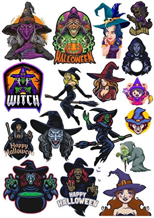 Hallowen Cadı Sticker Set 20 Parça Telefon, Tablet, Defter, Laptop Sticker