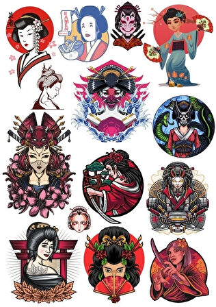 Japon Kadınları Sticker Set 15 Parça Telefon, Tablet, Defter, Laptop Sticker