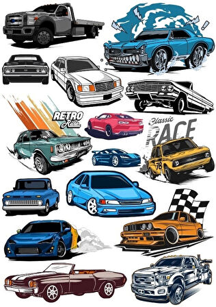 Retro Arabalar Sticker Set 3 14 Parça Telefon, Tablet, Defter, Laptop Sticker