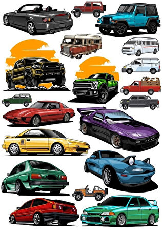 Arabalar Sticker Set 18 Parça Telefon, Tablet, Defter, Laptop Sticker