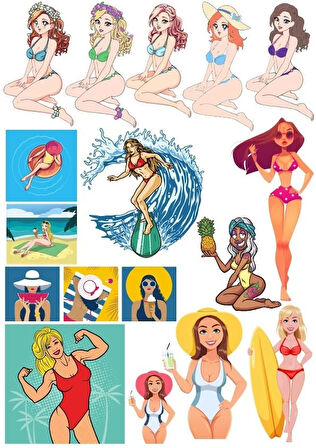 Retro Kadın Sticker Set 2 15 Parça Telefon, Tablet, Defter, Laptop Sticker