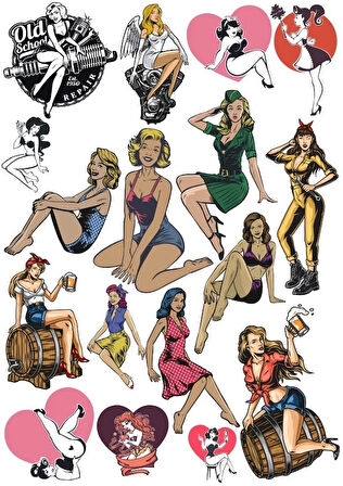 Retro Kadın Sticker Set 16 Parça Telefon, Tablet, Defter, Laptop Sticker
