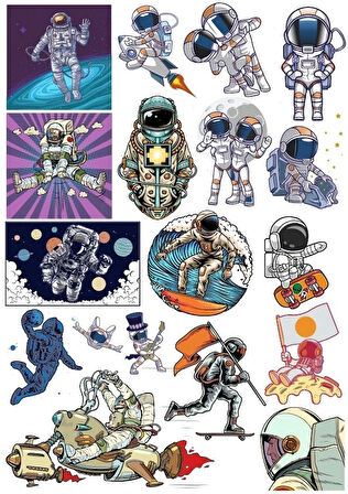 Retro Astronot Sticker Set 3 18 Parça Telefon, Tablet, Defter, Laptop Sticker