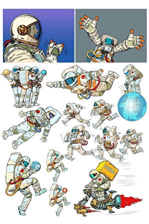 Retro Astronot Sticker Set 2 17 Parça Telefon, Tablet, Defter, Laptop Sticker
