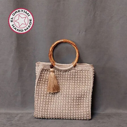 Uretti - Şennur 3131 - 7146 El Yapımı Ahşap Saplı Makrome İp El Çantası - Bej