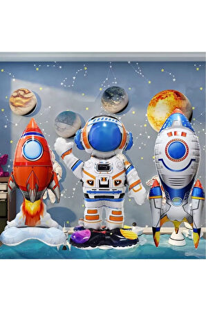 3 Adet Uzay Roket, Astronot, Uzay Gemisi Ayakta Şişme Balon Doğum Günü Süsü Gezegen Parti Dekorasyon
