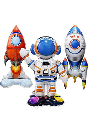 3 Adet Uzay Roket, Astronot, Uzay Gemisi Ayakta Şişme Balon Doğum Günü Süsü Gezegen Parti Dekorasyon