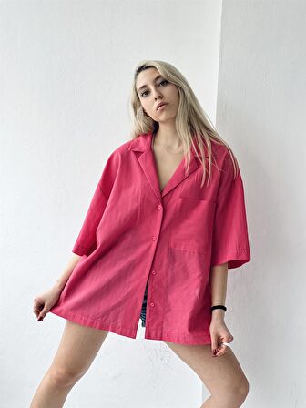 Retrobird Retro Yaka Oversize Gömlek Kadın Pembe