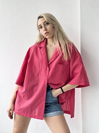 Retrobird Retro Yaka Oversize Gömlek Kadın Pembe